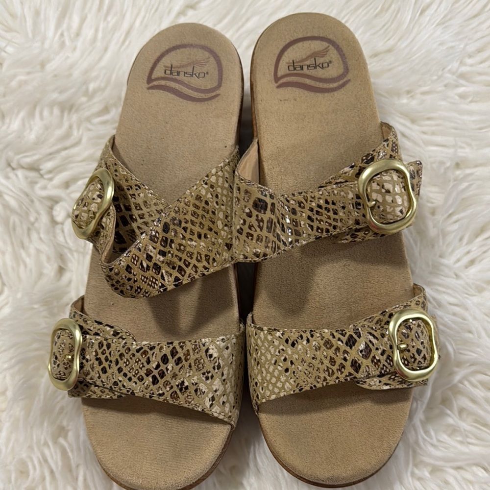 Dansko Snake Print Sandals with Gold Buckles Size 39